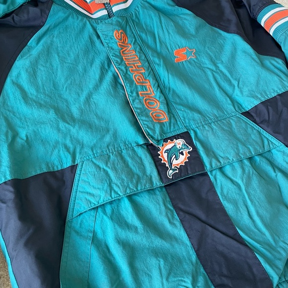 VTG Starter Jacket NFL MIAMI DOLPHINS Puffer Coat w Hood Mens Large Pullover - Picture 5 of 16